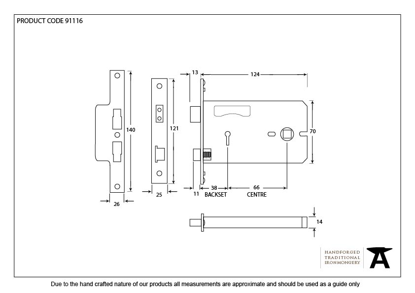 Black 5" Horizontal 3 Lever Sash Lock - 91116 - Technical Drawing