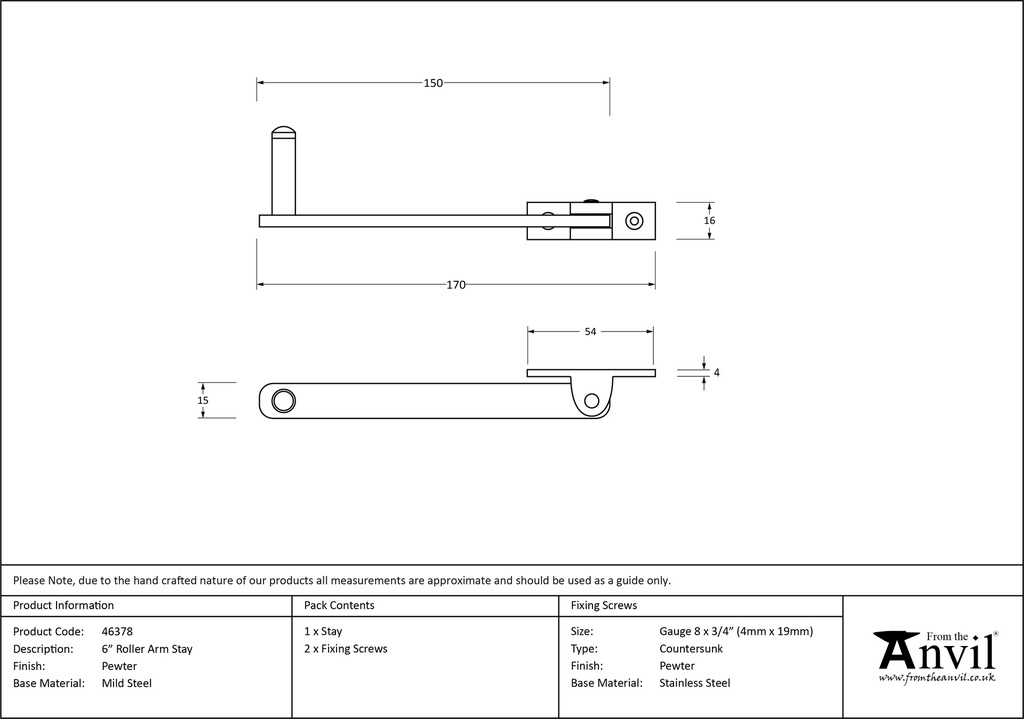 Pewter 6" Roller Arm Stay - 46378 - Technical Drawing