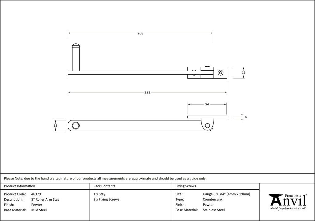 Pewter 8" Roller Arm Stay - 46379 - Technical Drawing