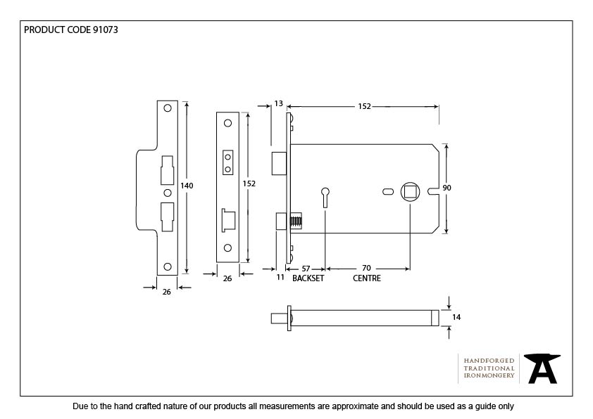 Polished Brass 6" Horizontal 5 Lever Sash Lock - 91073 - Technical Drawing