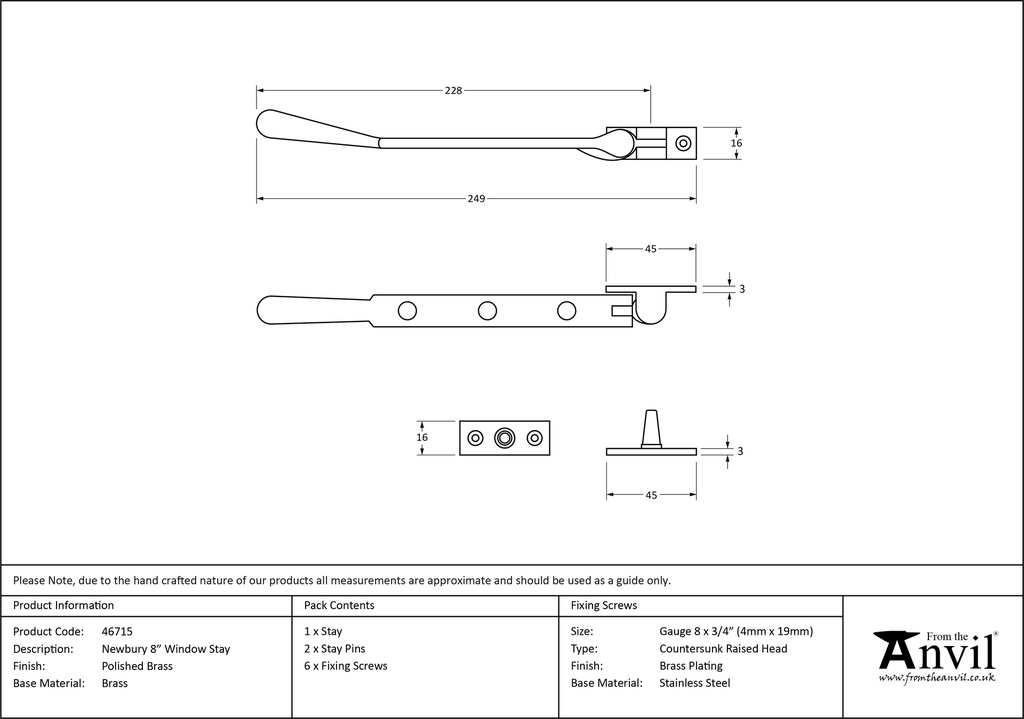 Polished Brass 8" Newbury Stay - 46715 - Technical Drawing