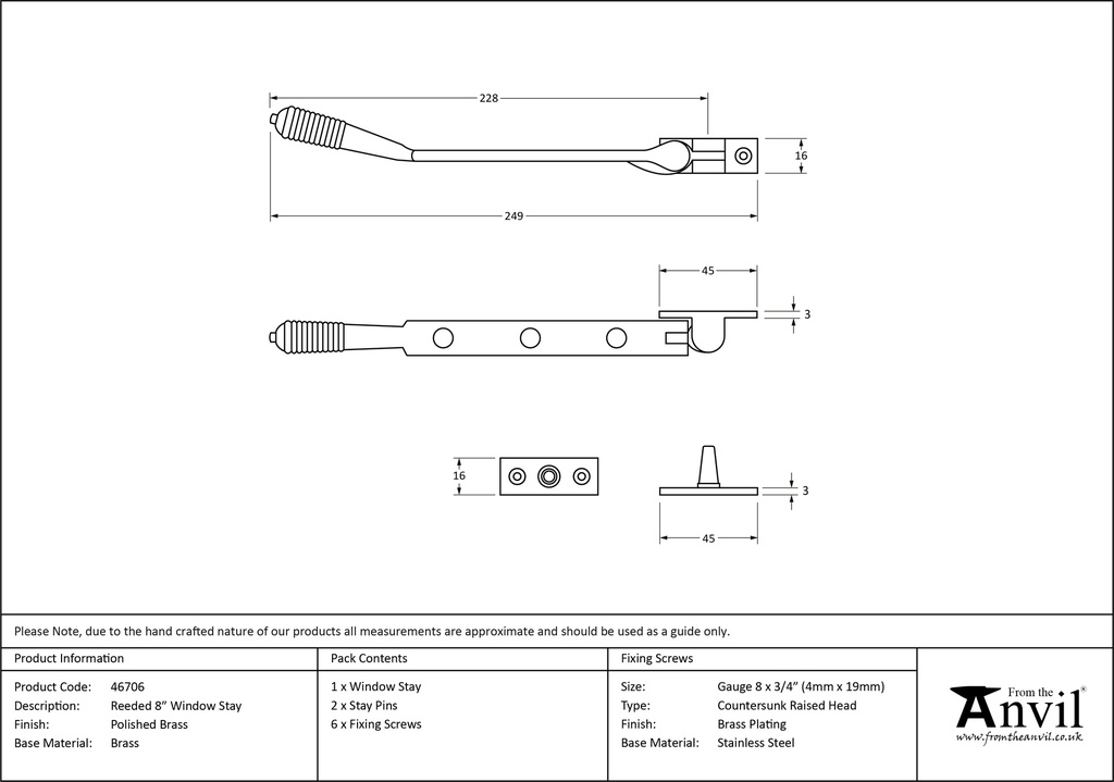 Polished Brass 8" Reeded Stay - 46706 - Technical Drawing