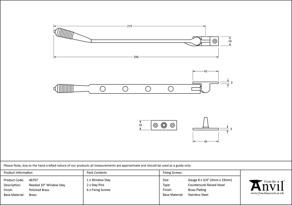 Polished Brass 10" Reeded Stay - 46707 - Technical Drawing