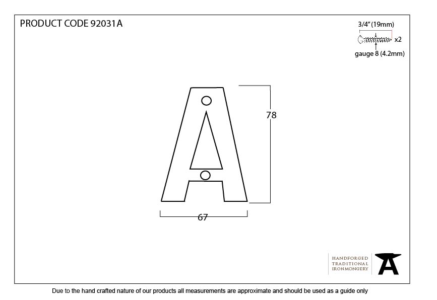 Polished Bronze Letter A - 92031A - Technical Drawing