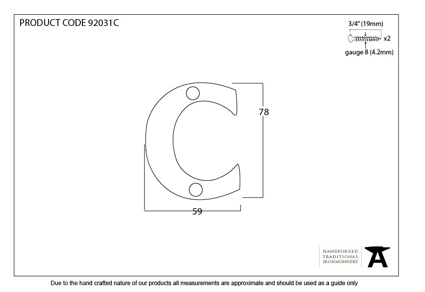 Polished Bronze Letter C - 92031C - Technical Drawing