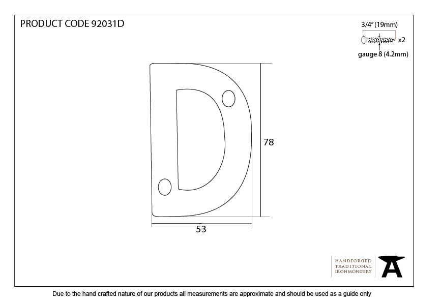 Polished Bronze Letter D - 92031D - Technical Drawing