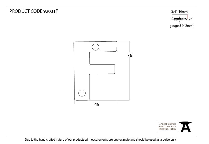 Polished Bronze Letter F - 92031F - Technical Drawing