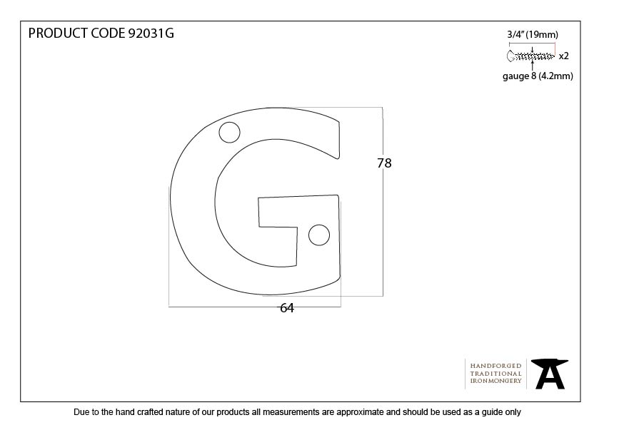 Polished Bronze Letter G - 92031G - Technical Drawing