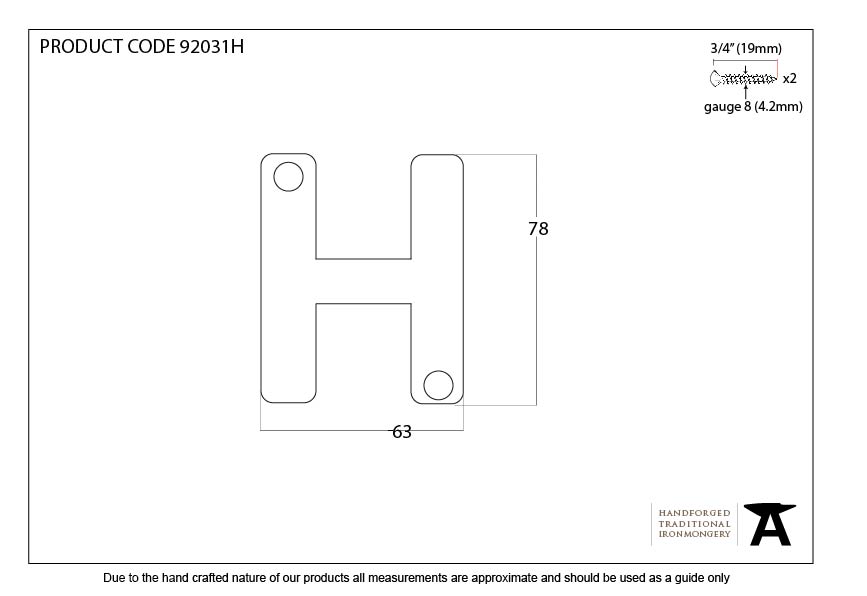 Polished Bronze Letter H - 92031H - Technical Drawing