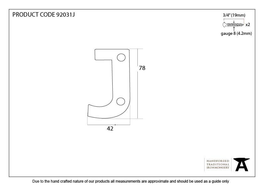 Polished Bronze Letter J - 92031J - Technical Drawing