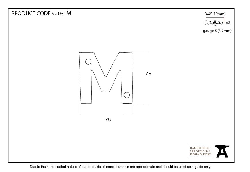 Polished Bronze Letter M - 92031M - Technical Drawing