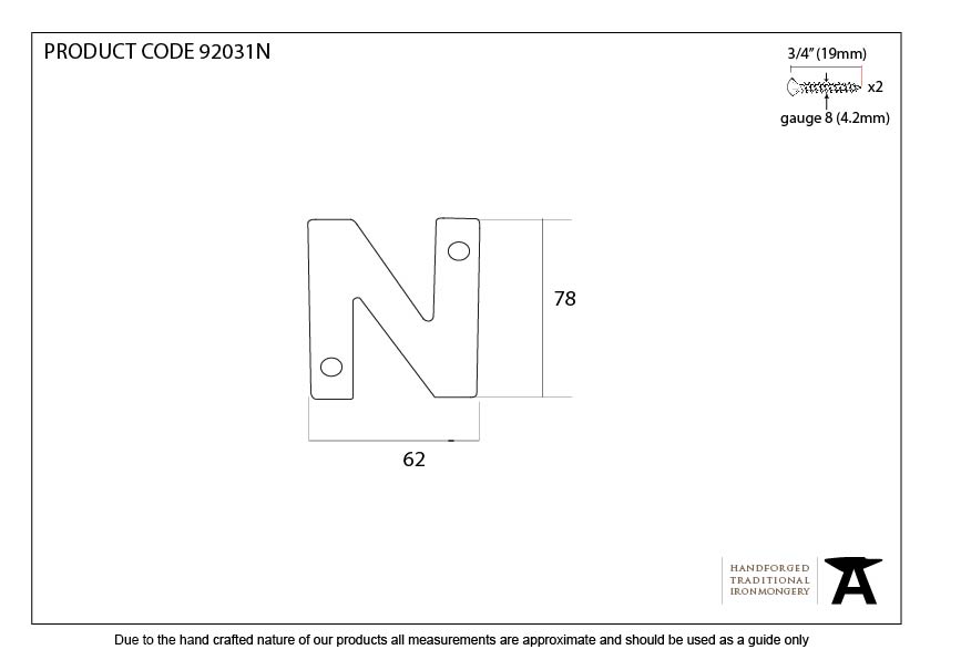 Polished Bronze Letter N - 92031N - Technical Drawing