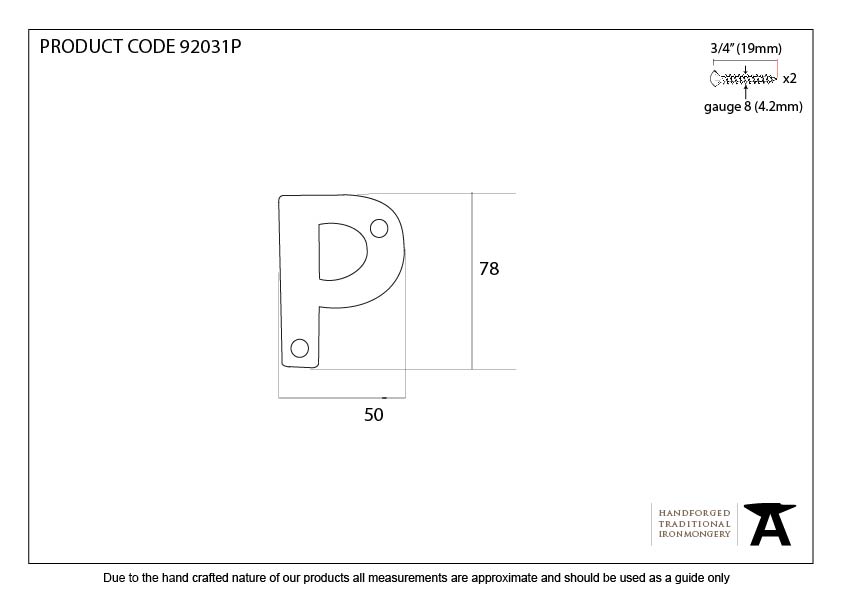 Polished Bronze Letter P - 92031P - Technical Drawing