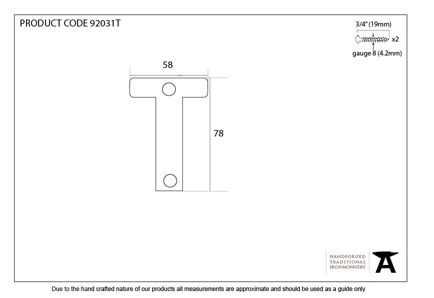 Polished Bronze Letter T - 92031T - Technical Drawing