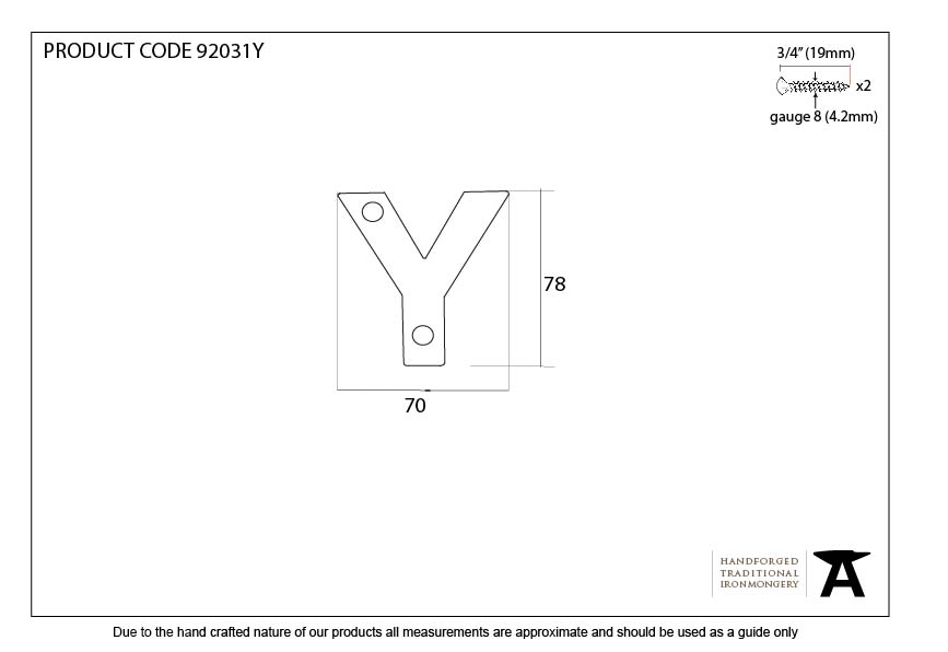 Polished Bronze Letter Y - 92031Y - Technical Drawing