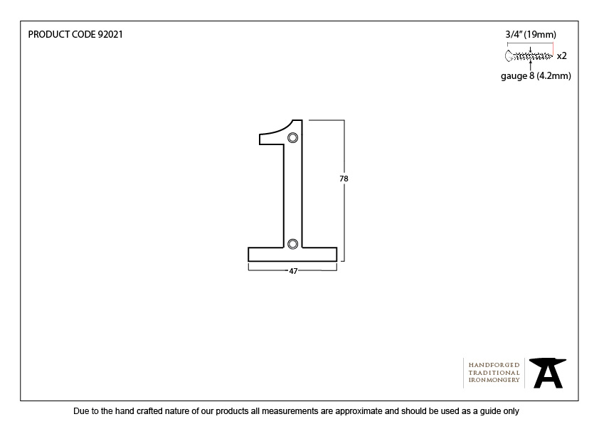 Polished Bronze Numeral 1 - 92021 - Technical Drawing