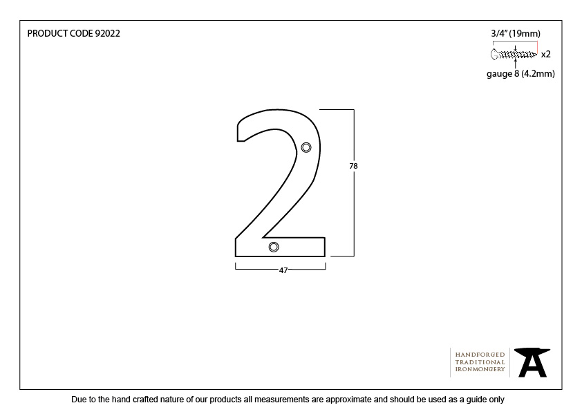 Polished Bronze Numeral 2 - 92022 - Technical Drawing