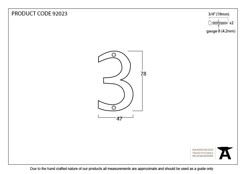 Polished Bronze Numeral 3 - 92023 - Technical Drawing