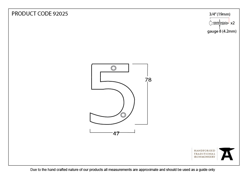 Polished Bronze Numeral 5 - 92025 - Technical Drawing