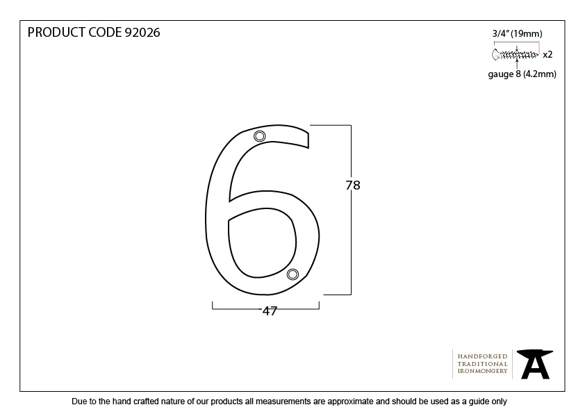 Polished Bronze Numeral 6 - 92026 - Technical Drawing