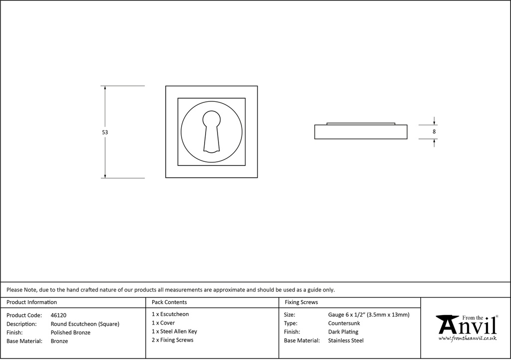 Polished Bronze Round Escutcheon (Square) - 46120 - Technical Drawing