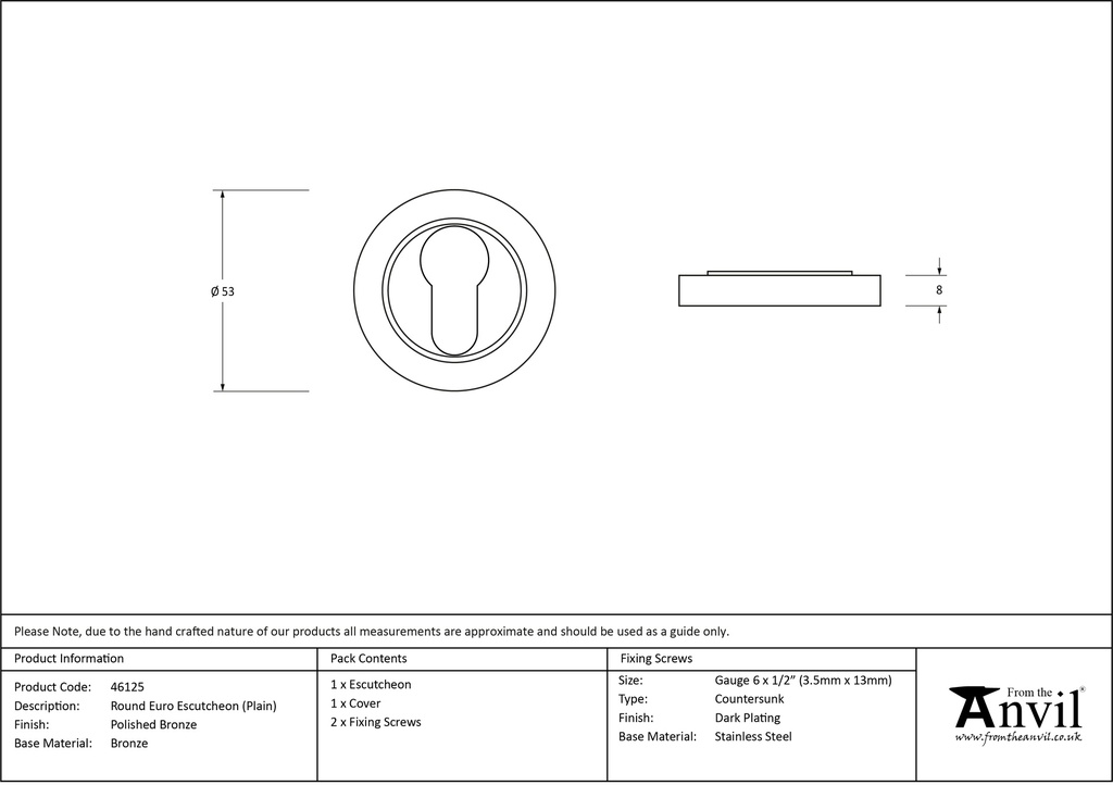 Polished Bronze Round Euro Escutcheon (Plain) - 46125 - Technical Drawing