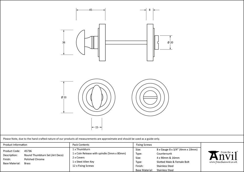 Polished Chrome Round Thumbturn Set (Art Deco) - 45736 - Technical Drawing