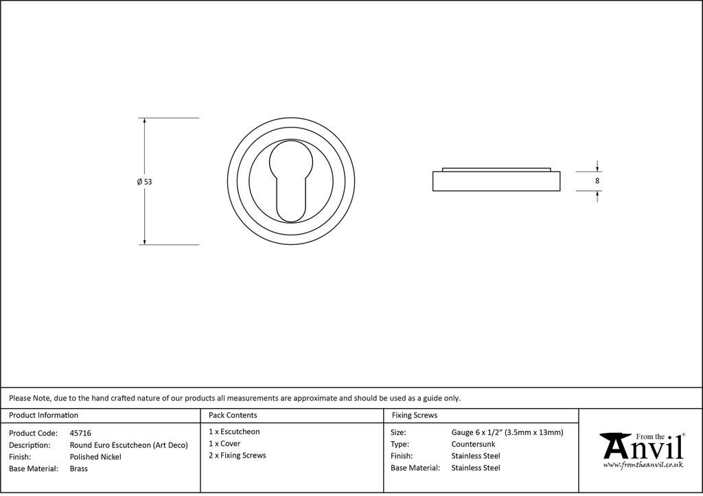 Polished Nickel Round Euro Escutcheon (Art Deco) - 45716 - Technical Drawing