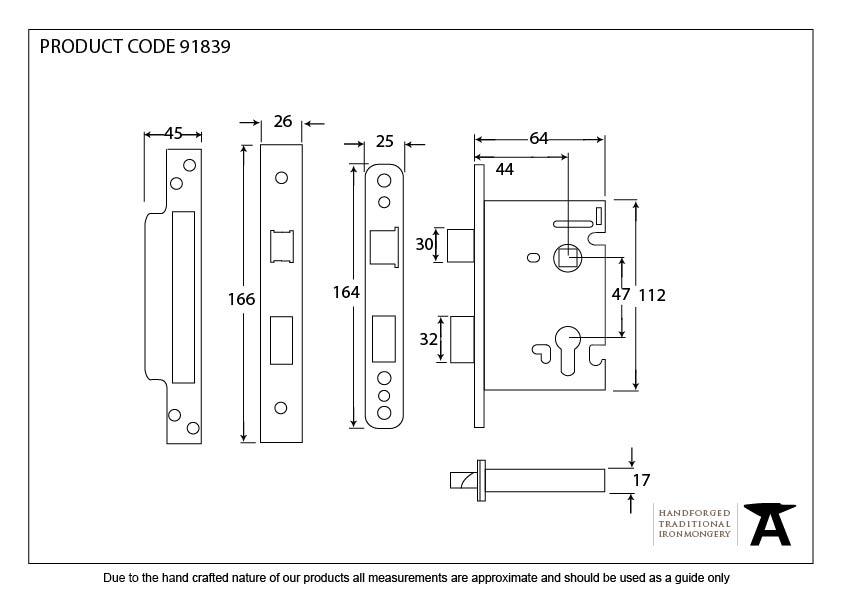 PVD 2½" Euro Profile Sash Lock - 91839 - Technical Drawing