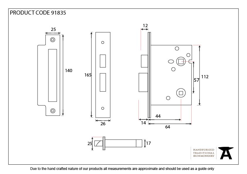 PVD 2 1/2" Heavy Duty Bathroom Mortice Lock - 91835 - Technical Drawing