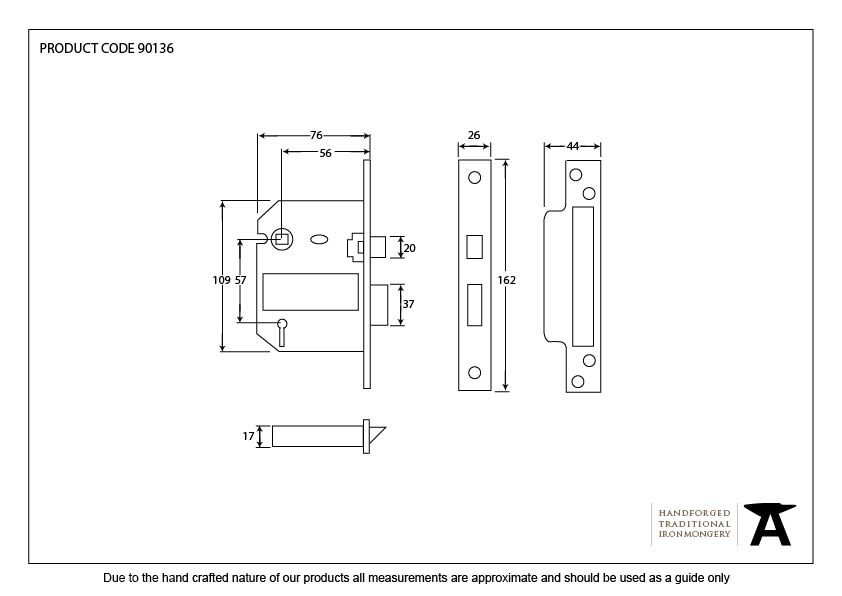 SS 3" 5 Lever BS Sashlock - 90136 - Technical Drawing