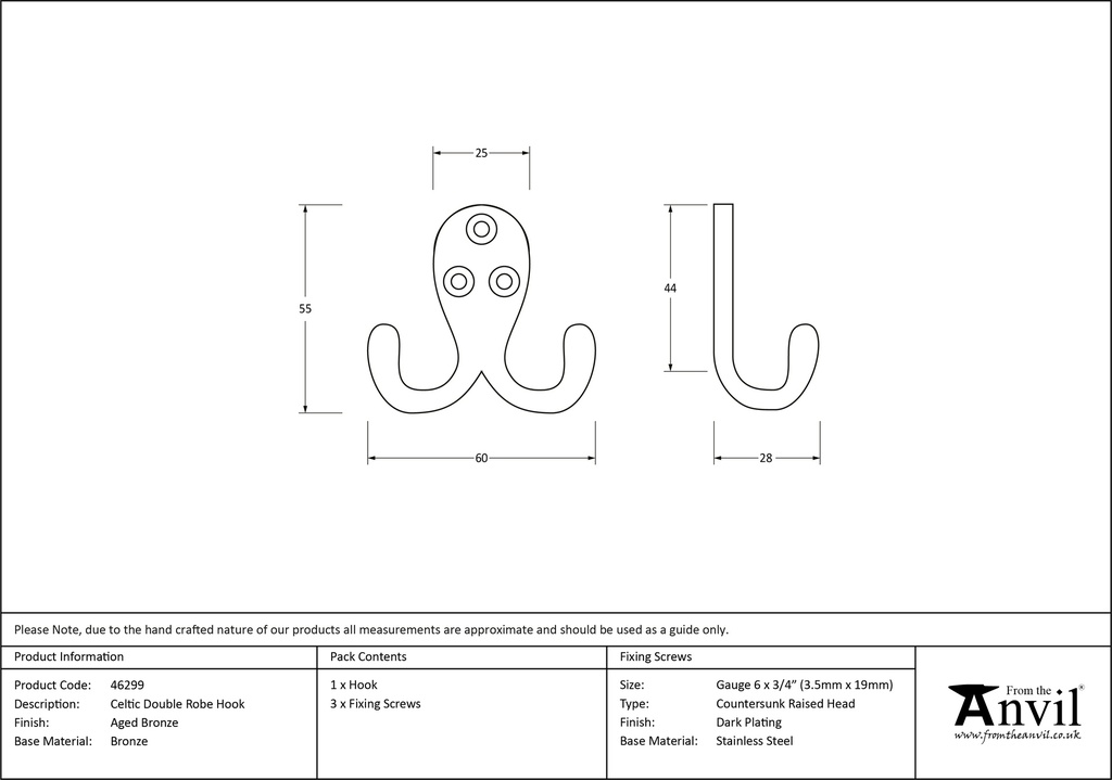 Aged Bronze Celtic Double Robe Hook - 46299 - Technical Drawing