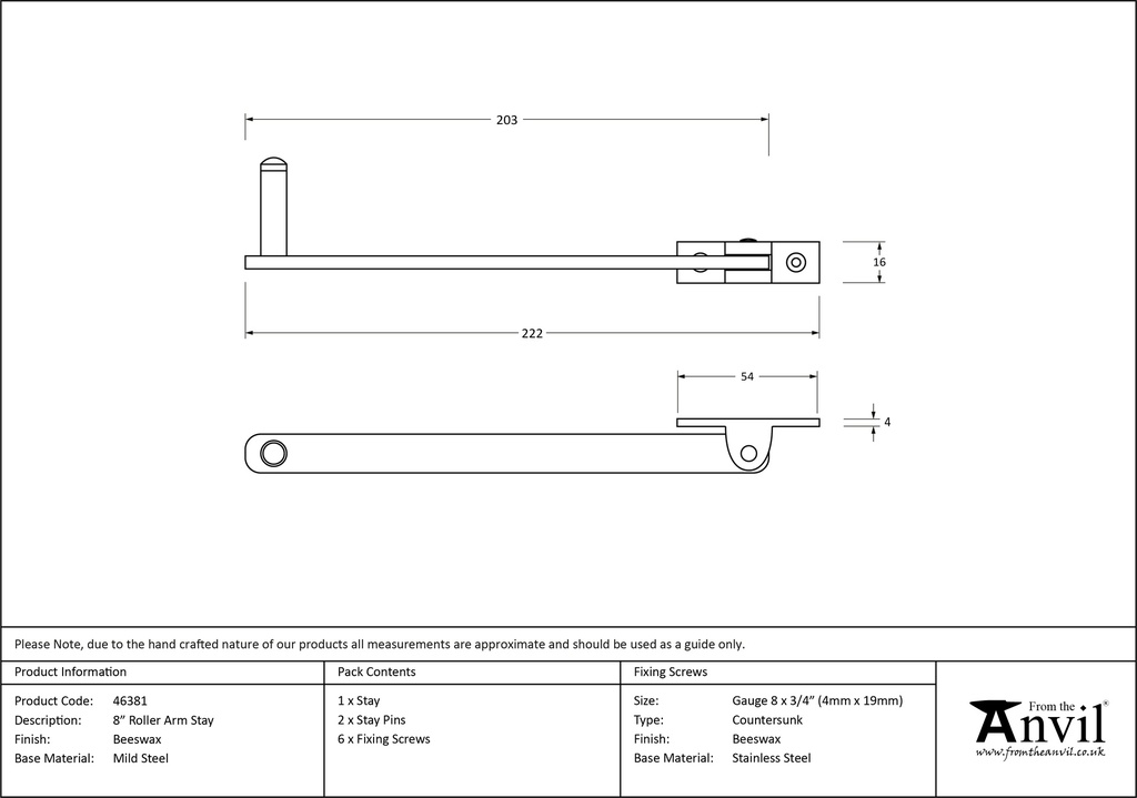 Beeswax 8" Roller Arm Stay - 46381 - Technical Drawing