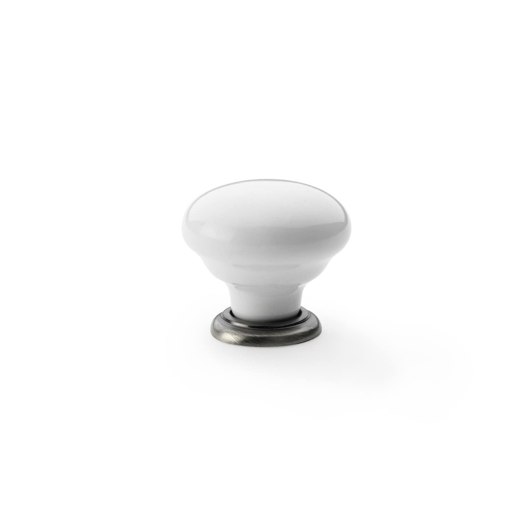 Alexander & Wilks - White Ceramic Cupboard Knob: Antique Nickel Rose