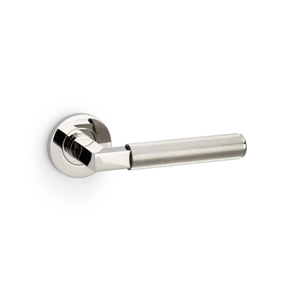 Alexander & Wilks Hurricane Reeded Lever On Round Rose - Polished Nickel PVD